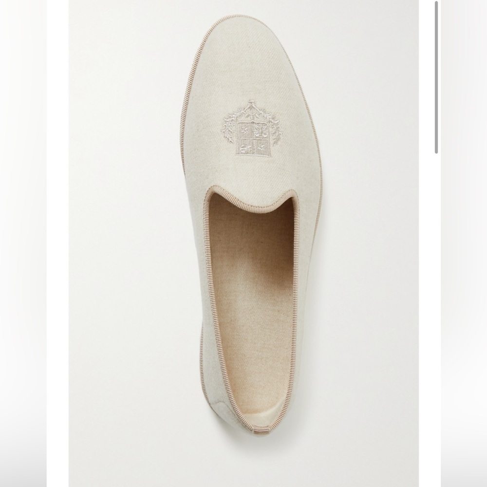 Loro Piana Venice embroidered cashmere-blend flannel slippers in Ecru